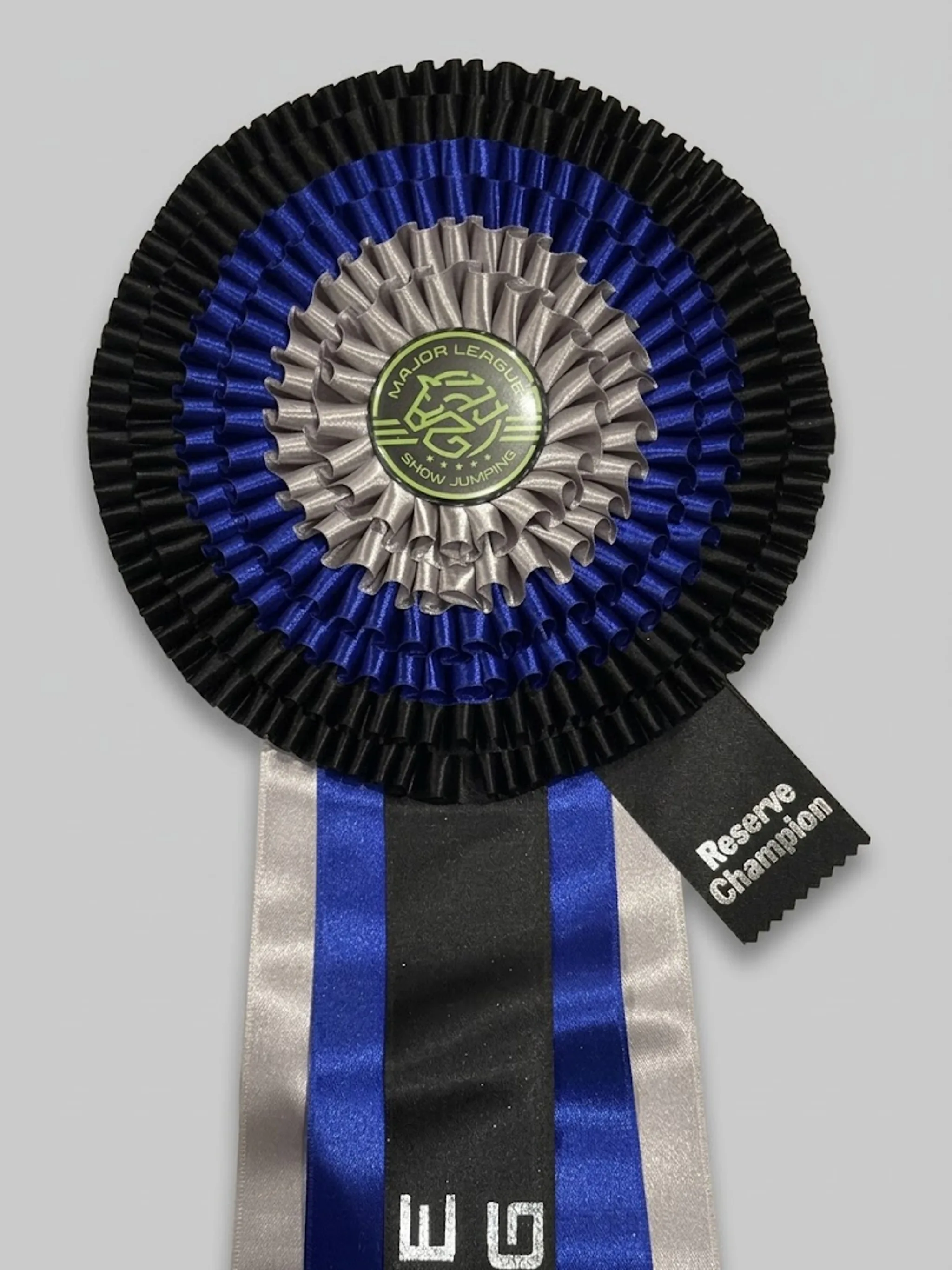 Black, blue and silver 6-Ring Grand Prix rosette award ribbon
